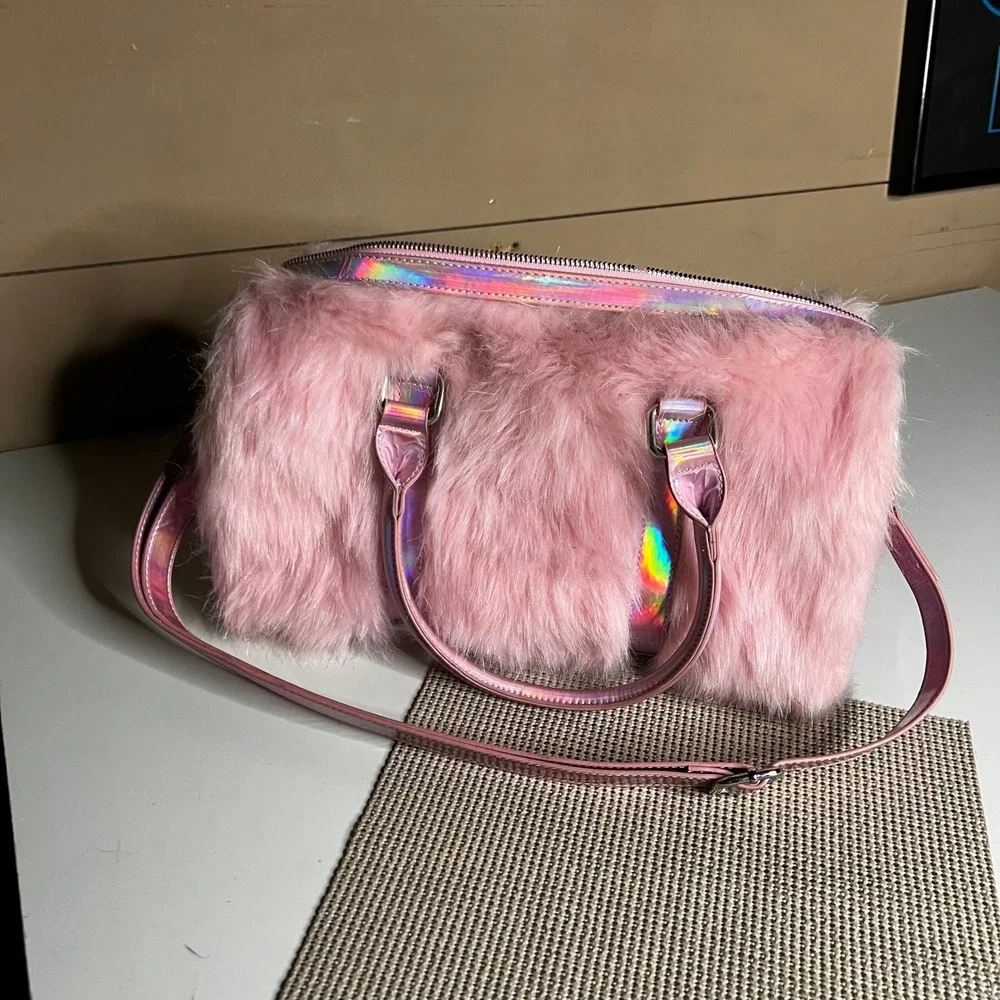 Sugar Thrillz Pink Faux Fur Holographic Duffle Bag Y2K Kawaii Satchel Purse